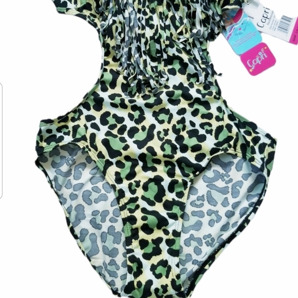 NWT Capri Swimwear Animal Print Fringe Cut Out Open Back One Piece Swims… - Picture 5 of 12